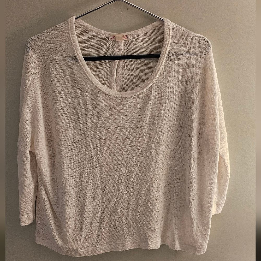 Round Neck Lon Sleeve Cream Sheer Knit Top Size Small